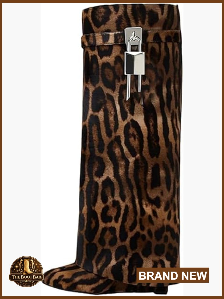Fold Over Wedge Boots Knee High Heeled Padlock Booties